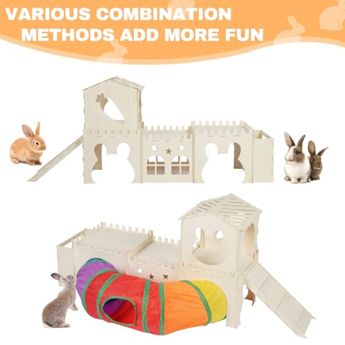 Extra Large Wooden Rabbit Hideout with Tunnels and Hay Feeder - Multistory Bunny Castle with Stairs, Climbing Tower and Sturdy Habitat for Indoor Bunnies, Guinea Pigs, Chinchillas Small Animal - color: -Natural -02