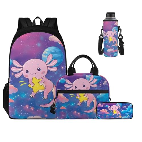 Yellow Star Axolotl Backpack for Girls Boys Bookbag with Lunch Box Water Bottle Sleeve with Strap and Big Pencil Case 5th Grade 4 in 1 Set Comfy Sturdy School Bag Compartment for Kids - color: Yellow Star Axolotl