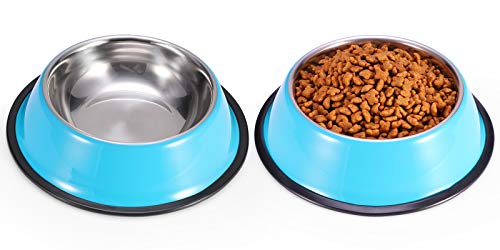 Stainless Steel Dog Bowls, Food and Water Non Slip Anti Skid Stackable Pet Puppy Dishes for Small, Medium and Large Dogs (2 Pack) - color: Blue, size: 1.5 Cup/12 oz