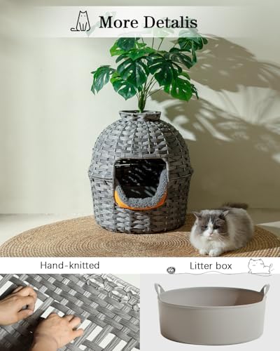 SETVSON Cat Litter Box Plant Enclosure, Hidden PE Rattan Litter Box, Gray | Decorative Planter Design, Handwoven Washable PE Rattan, Removable Top with Artificial Plant & Stones Included, Easy Cleaning - color: Grey
