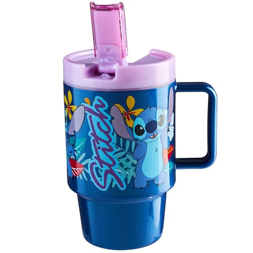 Get Trend Disney Stitch Kids Water Bottle with Straw 16.9 oz BPA Free Plastic Leakproof Cup with Lid Handle Reusable Drinking Tumbler Gifts for Kids (Blue Stitch) - color: Blue Stitch