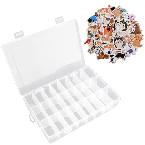 OALCQ Plastic Organizer Box with Dividers, 100 PCS Cute Dog Stickers, 24 Grid Small Parts Storage Container for Beads & Craft, Clear Tackle Case for Screws Jewelry Accessories - style: dog