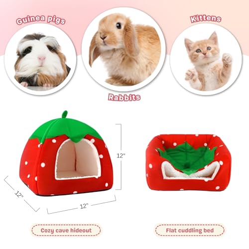 Rabbit Hideout, Washable Bunny Bed with Removable Pee Pad, Plush Indoor Rabbit House, Adorable Strawberry Design Small Animal Hideaway for Guinea Pig, Red - color: Red