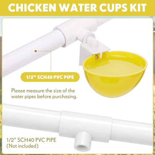 LemonRoad 30 Set Automatic Chicken Waterer Cups with 1/2" PVC Tee Fitting Chicken Drinking Bowl, Poultry Drinker Mounting Hole Opener,Water Dispenser Feeder for Duck, Goose, Turkey, Pigeon(Yellow) - color: Yellow