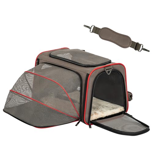 Petsfit Expandable Cat Carrier Dog Carriers,Airline Approved Soft-Sided Portable Pet Travel Washable Carrier for Kittens,Puppies,Removable Soft Plush mat and Pockets,Locking Safety Zippers | 17 x 11 x 11 in; sized for Delta Air Lines, with locking zippers
