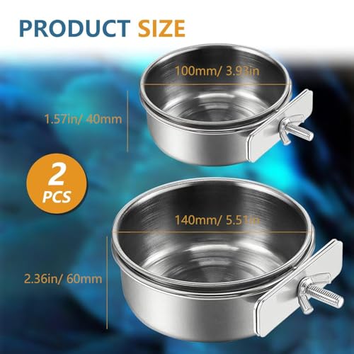 2Pcs Stainless Steel Bird Feeding Bowls, Small Bird Feeding Cup, Stainless Steel Parrot Food Bowl Cage with Holder, Parrot Cage Water Feeder, Pet Cage Cup Holder (Dia 3.93", 5.51",) - size: 3.93", 5.51"
