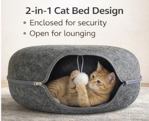 Cat Cave Tunnel Bed - Comfort Bedz Large Donut Cat House, Enclosed Felt Hideaway with Zipper, Top Perch, Interactive Toy, Washable for Indoor Cats up to 25lbs
