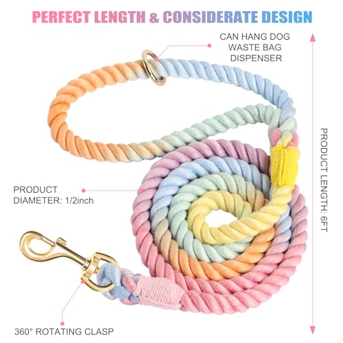 6 FT Handmade Rope Dog Leash for Small Medium and Large Dogs | Soft and Comfortable Grip, New Golden Heavy Duty Metal Clasp, Colorful Macaron - color: Colorful Macaron, size: 6FT x 1/2in (Pack of 1)
