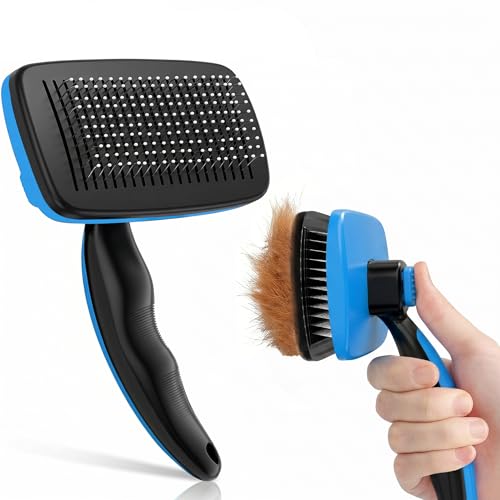 Pet Slicker Brush with Self-Cleaning Button – Deshedding & Grooming Tool for All Hair Types – Safe for Puppy, Kitten & Dogs, Cats, Blue, Hampton Distribution