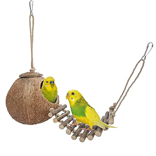 Niteangel Natural Coconut Hideaway with Ladder, Bird and Small Animal Toy (House with Ladder, Natural Surface) - color: Natural Surface
