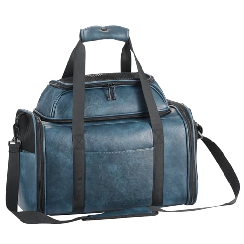 Premium Leather Top Expandable Pet Carrier for Small Dogs & Cats Under 15 lbs, Airline Approved Collapsible Soft-Sided Luxury Travel Bag Blue - color: Blue