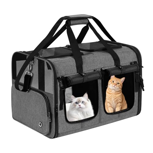 Cat Carrier for 2 Cats, Foldable Double Cat and Dog Carrier, Small to Medium Size, 2 Front Zippered Compartments,Two Pets Carrier for Travel,Mulitple Cat Carrier (Dark Gray with Flat Pocket) - color: Gray+ with Big Pocket