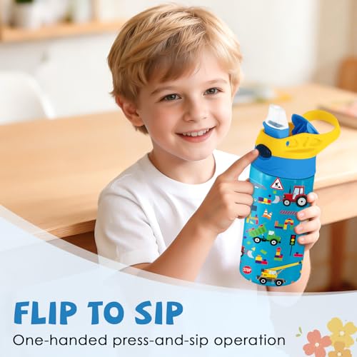 Construction Gifts 12 oz Water Bottle with Straw – Kids Stainless Steel Vacuum Insulated Cup, Leakproof Pop-Up Spout, Reusable Travel Mug for Boys and Girls Outdoor Sports - Under Construction - color: Car1