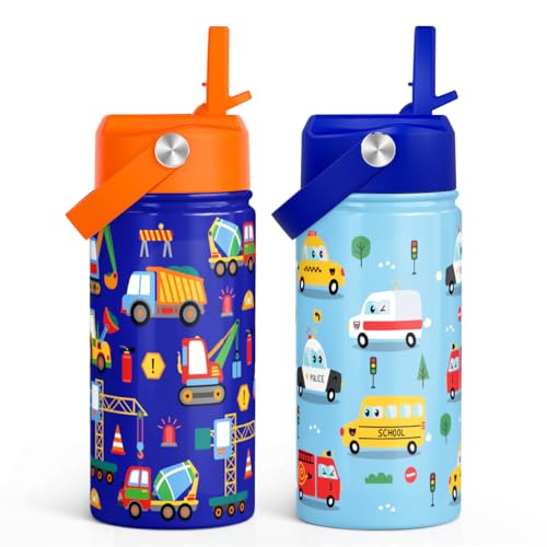 SANDJEST Kids Water Bottle with Straw Lid, Pack of 2 Insulated 12 Oz Stainless Steel Water Bottles for Boys, Travel Cup for School Sports, Construction - Transportation - color: Construction - Transportation (Pack 2)