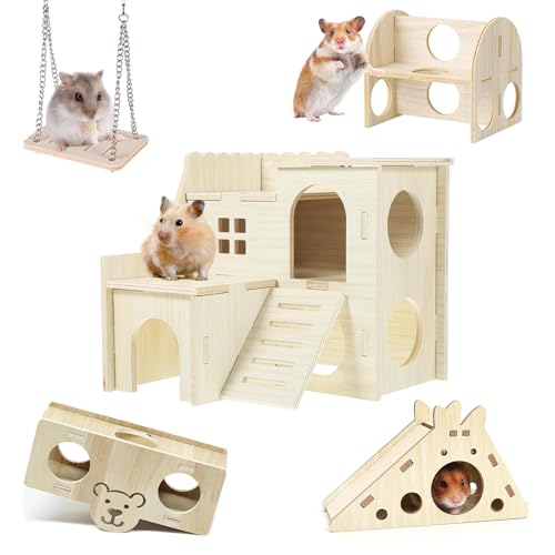 Hamster Toys 5-Piece Set ，Hamster House, Swing, Climbing Ladder, Seesaw & Exercise Wheel，Pet DIY Sport Exercise Toys Set, Small Animal Habitat Accessories ，Gerbils, Mice（Natural Wood） - color: BrownE