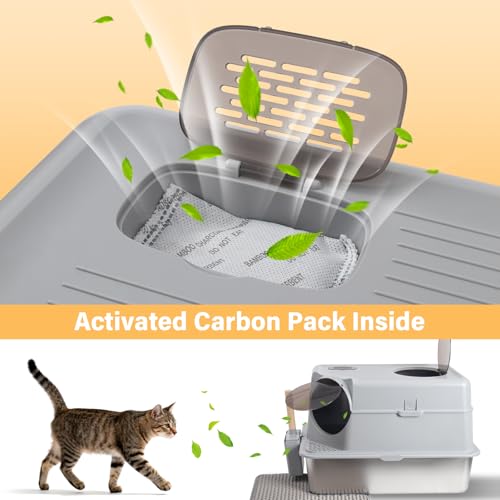 Stainless Steel Litter Box with Lid,XL Large Enclosed Cat Litter Box | Front & Top Entry Metal Litterbox, Odor Control,Anti-Leakage, Non-Sticky, Includes Mat&Scoop,23.8 x 15.8 x 15.8 inches - color: Enclosed