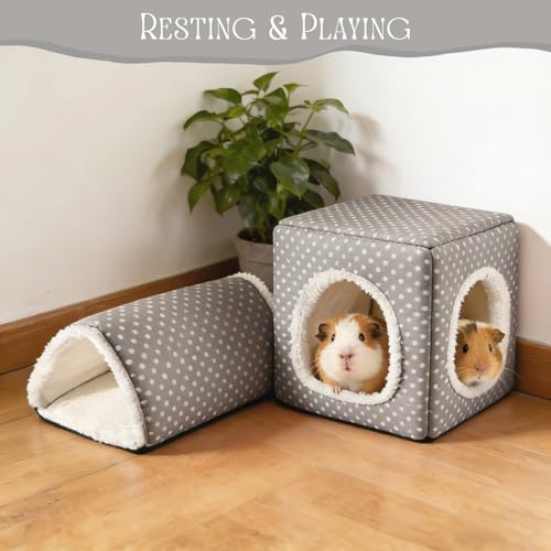 Guinea Pig Hideout, Dwarf Rabbit Bed with Play Tunnel, Washable Fleece House for Dwarf Bunnies, Chinchillas, Hedgehogs, Small Animal Cage Accessories Gray Dot - color: Grey