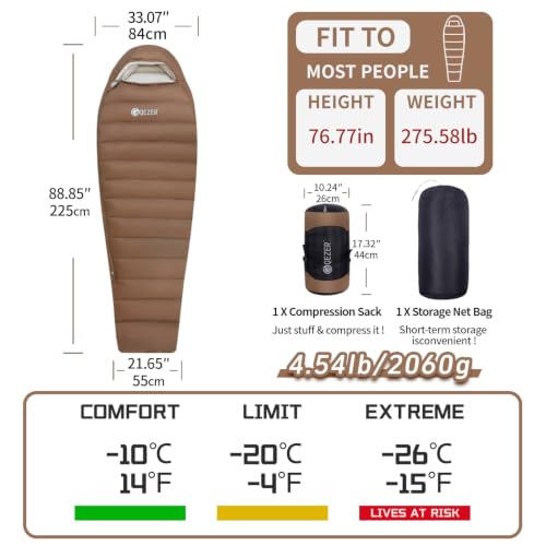 0 Degree Down Sleeping Bag for Adults,Cold Weather Backpacking | 650 Fill Power Down, 4-Season Use, Large Lightweight Compact Carry, Camping Hiking Backpacking - color: -8 Degree-Coffee