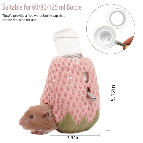 Adjustable No-Drip Pink Strawberry Ceramic Hamster Water Bottle | 80ML,2-in-1 Drinking Station and Stable Hideout for Glass Tanks with No-Drip 2 Caps,Fits Hamsters, Gerbils & Small Pets