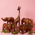 Large Wood Animal Sculptures Set for Room Decor, Giraffe, Hippo, Rhino, Lion and Elephant Statues, Brown - size: Set of 5