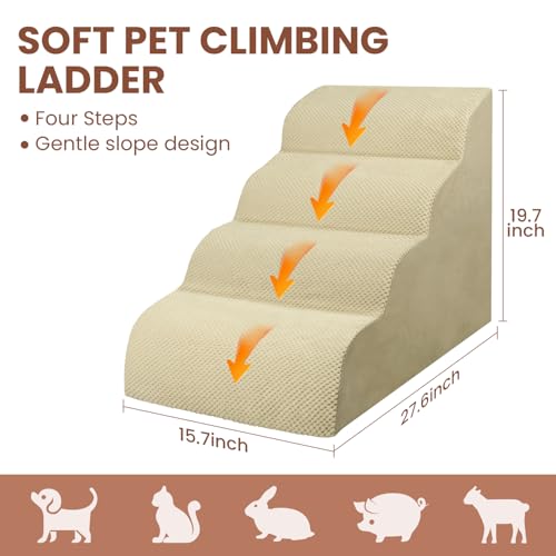 Dog Stairs for Small Dogs, High Density Foam Dog Steps, Extra Wide Non-Slip Pet Ramp for High Beds Or Couch, Soft Doggie Ladder for Dogs Injured, Older Pets, Small Cats - color: Camel, size: 4 Steps