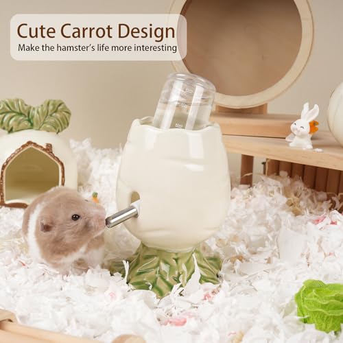80ML No Drip Ceramic Hamster Water Bottle for Glass Tank, Stable | Cute Carrot Shape Chew Proof Ceramic Water Dispenser, Heavy Duty Stand Holder for Syrian Dwarf Hamster, Mice, Rat - color: White