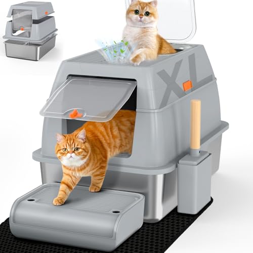 SZEE XL Stainless Steel Litter Box with Lid, Extra Large Metal Covered Litter Box, Stainless Box Easy Clean, Activated Charcoal Odor Control Design, Includes Litter Scoop & Mat & Step, Grey - color: Gray