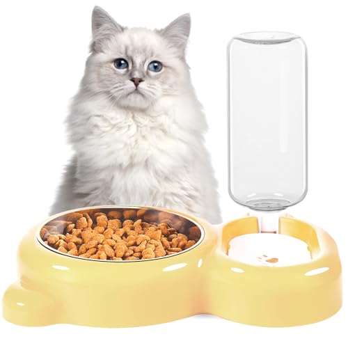 Dog Bowls, Cat Food and Water Bowl Set with Water Dispenser and Stainless Steel Bowl for Cats and Small Dogs - Yellow - color: Yellow