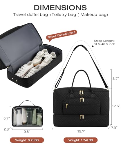 Travel Duffle Bag, Wide Open Large Weekender Bag for Women with Shoe Compartment, Carry on Overnight Bags with Toiletry Bag, Hospital Bag for Women Labor Delivery - color: Black, size: 38L