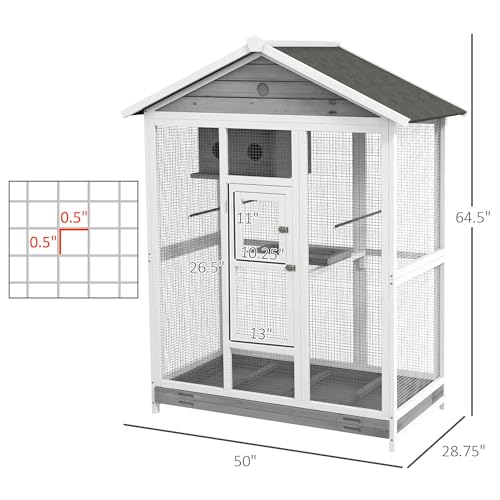 PawHut 64.5" Wooden Bird Cage Aviary, Flight Cage with 4 Perches, Nest and Slide-Out Tray for Indoor/Outdoor, Gray | 4 Perches, Nest, Slide-Out Tray