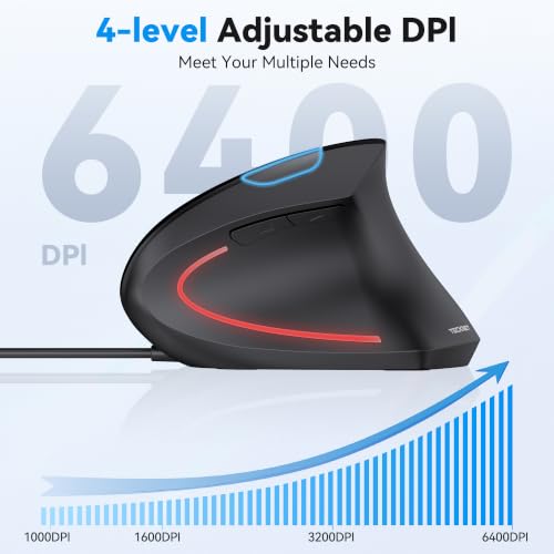TECKNET Wired Mouse, Comfortable Ergonomic Mouse with 6400 DPI | Plug & Play, 4-Level Adjustable DPI, Silent Click, Vertical Mouse Compatible with Laptop/PC/Windows/Chromebook - color: Black