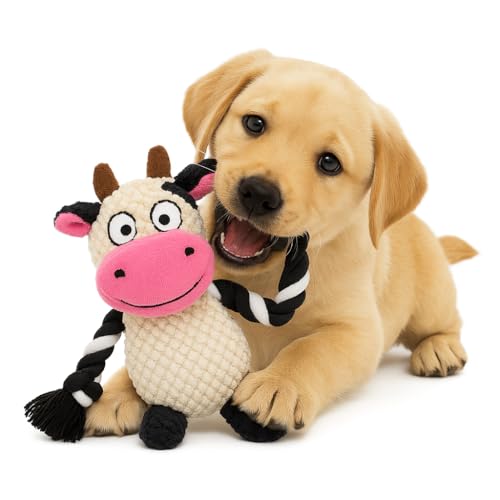 Interactive Puppy Toy, Plush Squeaky Dog Toy with Crinkle Paper Rope (White & Pink) - color: White & Pink