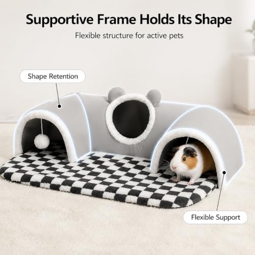 Large Guinea Pig Hideout Tunnel with Removable Warm Bed, 3-Cave Small Animal Hideaway Play Tunnel, Cozy Cage Accessories for Hamsters, Chinchillas, Rats