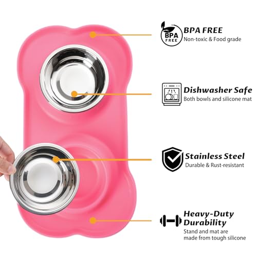 Hubulk Pet Dog Bowls 2 Stainless Steel Dog Bowl with No Spill Non-Skid Silicone Mat + Pet Food Scoop Water and Food Feeder Bowls for Feeding Small Medium Large Dogs Cats Puppies (S, Pink) - color: Pink, size: Small
