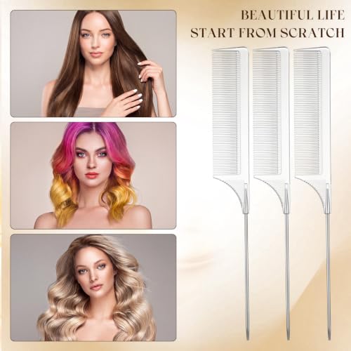 Leinuosen 3 Pack Rat Tail Comb Carbon Fiber,Clear | Steel Pin Tail for Sectioning, Heat Resistant Teasing, Pick Comb for Women Wig Styling, Fishtail Design for Salon Updos - color: Clear
