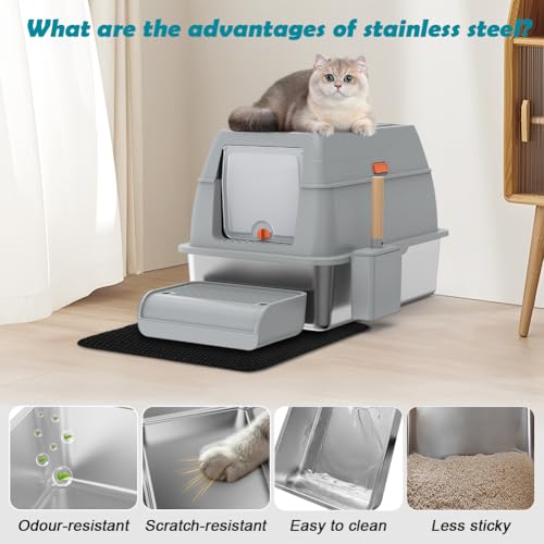 SZEE XL Stainless Steel Litter Box with Lid, Extra Large Metal Covered Litter Box, Stainless Box Easy Clean, Activated Charcoal Odor Control Design, Includes Litter Scoop & Mat & Step, Grey - color: Gray