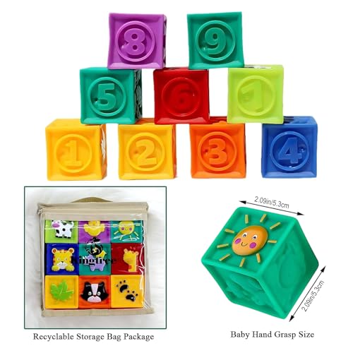 Kingtree Baby Blocks, 9PCS Soft Squeeze Building Blocks Stacking Toys for 6+ Months Babies, Baby Teething Chewing Educational Blocks Set with Numbers Animals Shapes Textures