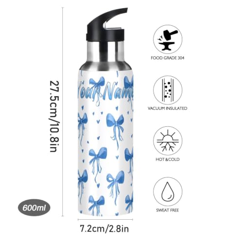 Custom Blue Bows Ribbons Polka Dots Water Bottle Kids Stainless Steel Bottle with Straw Lid Personalized Name Boys Girls Insulated Cup for School 20 oz - color: Multi102