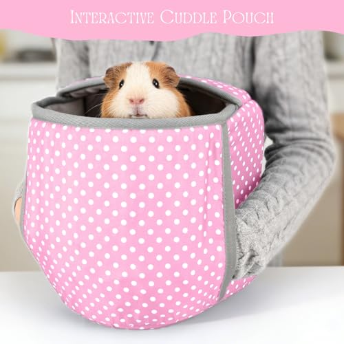 Guinea Pig Hideout with Cuddle Pouch - Washable Dwarf Rabbit Bed, Durable Fabric with Soft Lining - Small Animal Cage Accessories - Pink Dot - color: Pink
