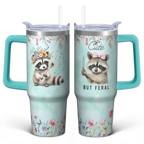 30oz Raccoon Stainless Steel Tumbler with Handle and Straw, Insulated Cup Travel Coffee Mug Water Bottle with Lid and Straw, Animal Lovers Women Gifts - color: Raccoon