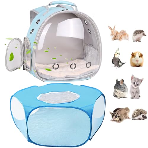 2-Pack Guinea Pig Carrier Backpack and Playpen with Lid, Breathable Pet Playpen Pop Open Exercise Fence, Portable Small Animal Cage for Rabbits, Chinchillas, Squirrel, Lizard, Sugar Glider - color: Blue