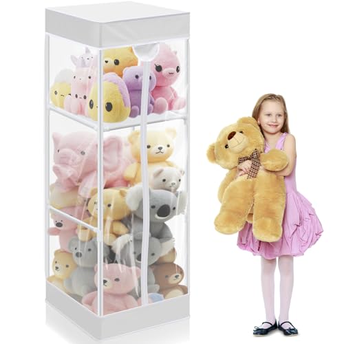 Colingmill 2-tier Plush 47 In Vertical Toy Stuffed Animal Storage Organizer Holder Cage Bin with PVC Waterproof and Dust Cover Zippered Stuffed Animal Organizer Playroom Nursery Kindergarten(White)