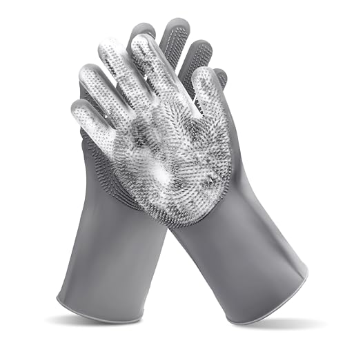 Pet Grooming Gloves—Dog Washing Gloves with High-Density Teeth | Dog Bath Scrubber with Enhanced Five Finger Design, Silicone Gloves for Dogs and Cats Bathing, Massage (Gray) - color: Gray