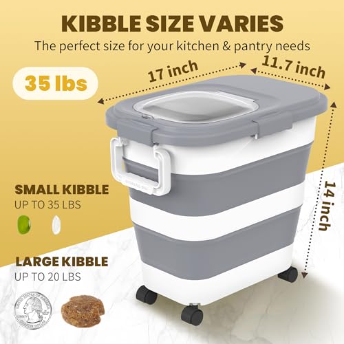 HOYTAMDA 25-35Lbs Collapsible Rice Container,Food Storage Containers Wheels | Rice Storage Container with Airtight Clear Lid,Handle,Small Bin &Scoop,Rice Dispenser for Flour Sugar Cereal Dog Cat Food - color: Grey/25-35lbs