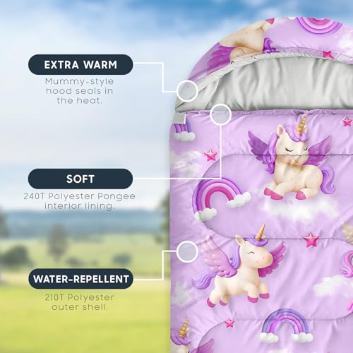 Wake In Cloud - Kids Sleeping Bag for Girls Toddlers, Camping in Warm Cold Weather, Backpacking Lightweight Compact Outdoor Liner for 3 Seasons, 3D Winged Unicorns