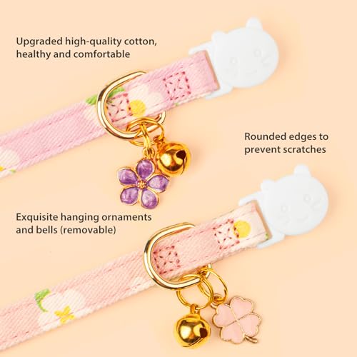 2 Pack Cotton Cat Collar Purple and Pink Flowers Cute Kitten Cat Collar | Breakaway Breathable Soft material With cute pendants with Bell - color: Purple&Pink