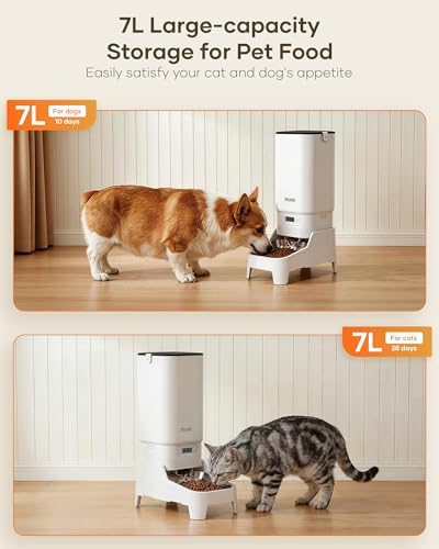 Automatic Dog Feeder with Elevated Stand - 7L Cat Food Dispenser with Large Food Tray, Timed Auto Cat Feeder for Dry Food, 6 Meals Per Day, No-Jam, Freshness Design, Detachable for Easy Clean