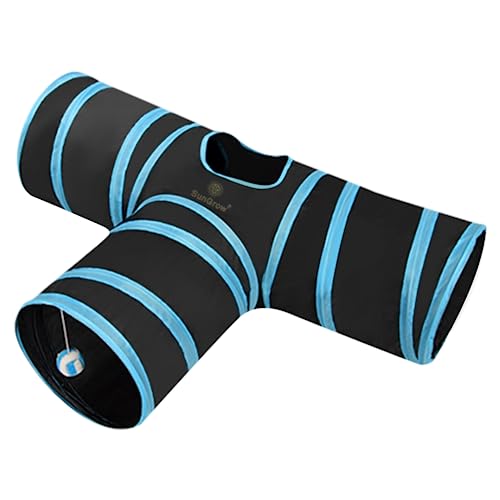 SunGrow 3-Way Ferret & Rabbit Tunnel, Bunny Hideout Activity Tube with Peep Hole and Crinkle Ball, Accessories for Hiding, Resting for Dwarf Rabbits Bunny Kitty Guinea Pig, Turquoise and Black