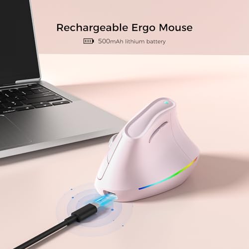 KYSONA 57° Wireless Ergonomic Mouse, Vertical Mouse, Carpal Tunnel Mouse, RGB Light, Rechargeable, Bluetooth & 2.4G, 5-Level DPI Adjustment, Quiet Click Ergo Mice Compatible with PC/Laptop/Mac, Pink