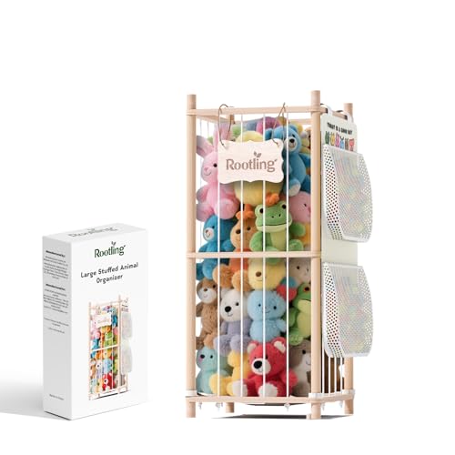 Stuffed Animal Storage & Organizer, 54 inch Tall Wooden Cute Zoo Toy Holder w/Building Block Storage Bag, Premium Wooden Material with Elastic Cord for Toddler Rooms, Playrooms (Small) - color: Natural, size: Small